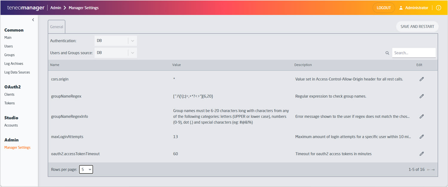 Manager Settings page