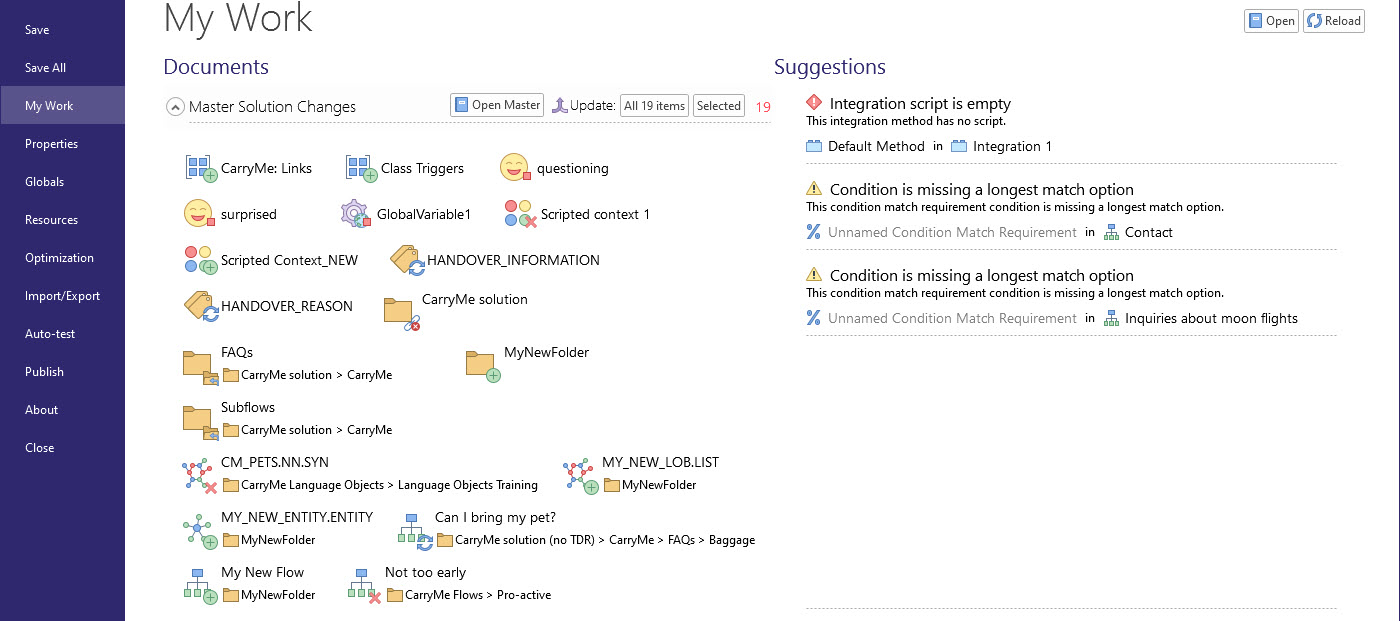 My Work tab with available Master Solution Changes